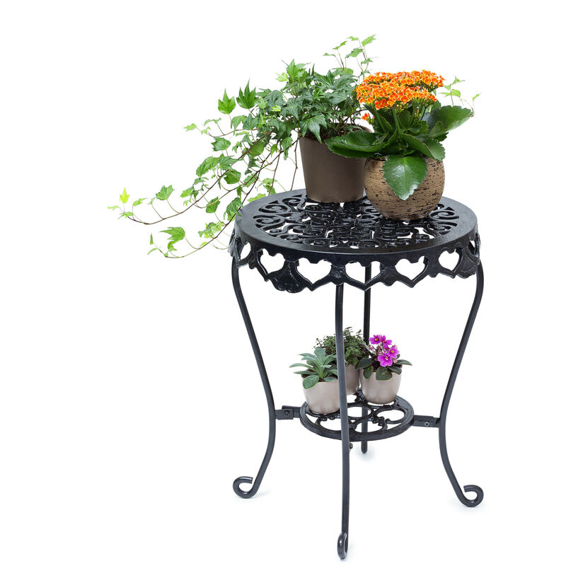 

– Taburete redondo para plantas, tamaño L 51 x 40 x 40 cm, hierro fundido, jardin terraza patio, 2 depositos, mesa auxiliar, color negro