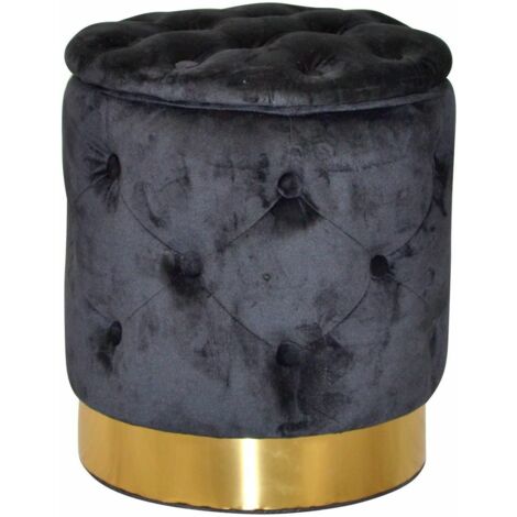 Taburete reposapiés otomano con base con bordes dorados y espacio de almacenamiento en tela negra TABO05017