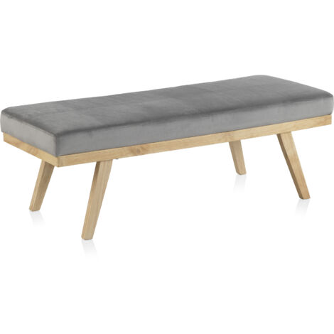 Taburete Tapizado Con Terciopelo Gris Y Patas De Madera