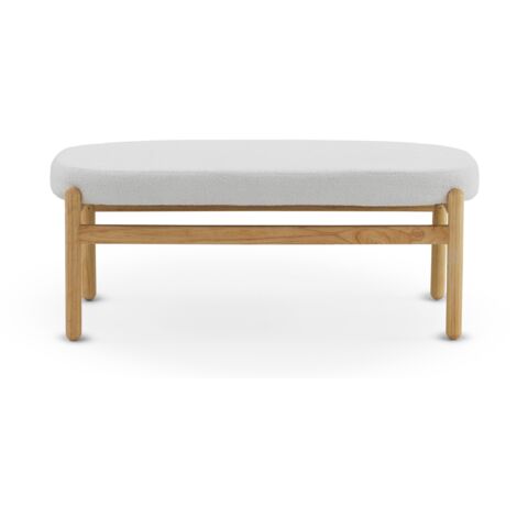 Taburete tapizado en boucle blanco con estructura y patas en madera de pino natural