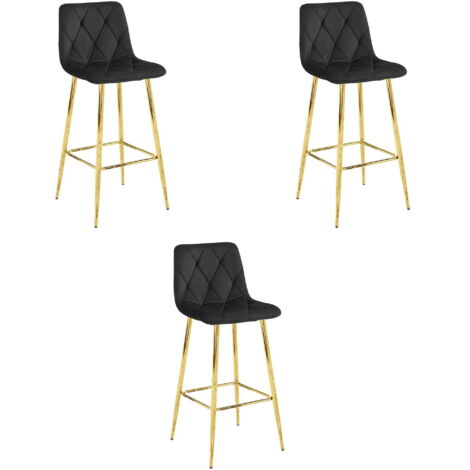 Taburete Valora KODA terciopelo negro patas doradas estilo moderno x3