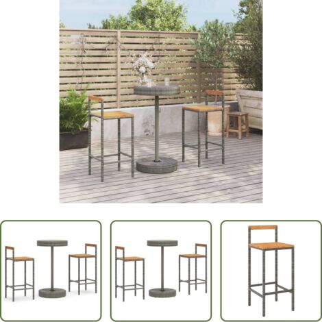 Taburetes altos -  Mesa y taburetes altos jardín 3 pzas madera y ratán PE gris