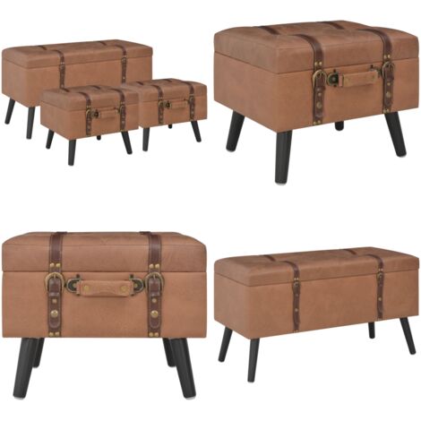 Taburetes de almacenamiento 3 piezas marrón cuero sintético - Taburetes de madera - Taburetes cuero sintético
