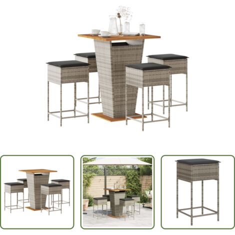 Taburetes de bar -  Mesa y taburetes altos jardín 5 piezas y cojines ratán PE gris