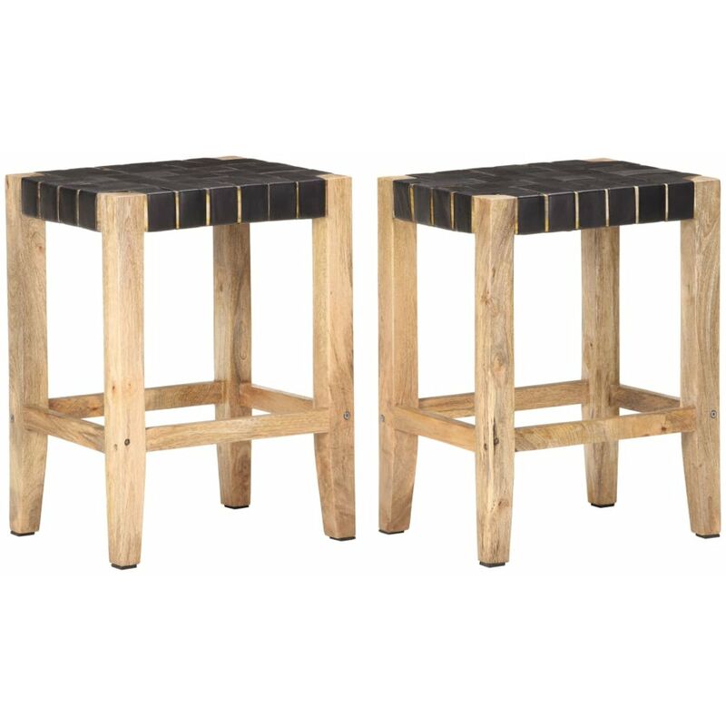 

Happyshopping - Taburetes de cocina 2 uds cuero negro y madera mango 46x36x60cm
