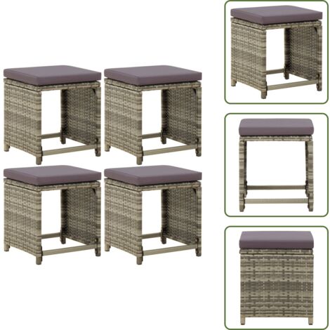 Taburetes de jardín 4 unidades - vidaXL Taburetes de jardín 4 unidades y cojines ratán sintético gris - Cojines ratán sintético