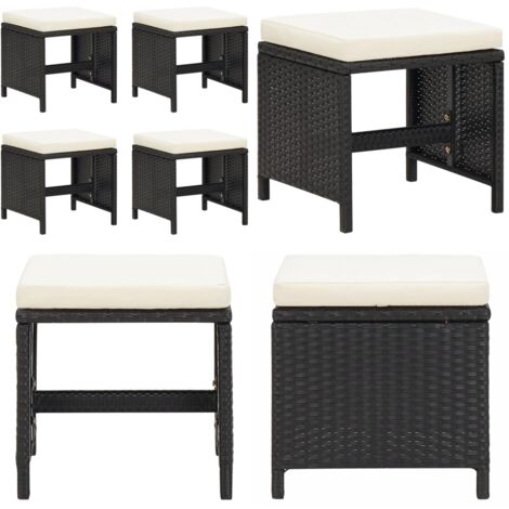 Taburetes de jardín 4 unidades y cojines ratán sintético negro - Cojines de asiento - Ratán sintético