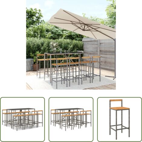 Taburetes de jardín -  Mesa bar y taburetes jardín 9 pzas madera acacia ratán PE gris