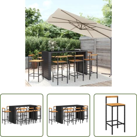Taburetes de jardín -  Mesa bar y taburetes jardín 9 pzas madera acacia ratán PE negro