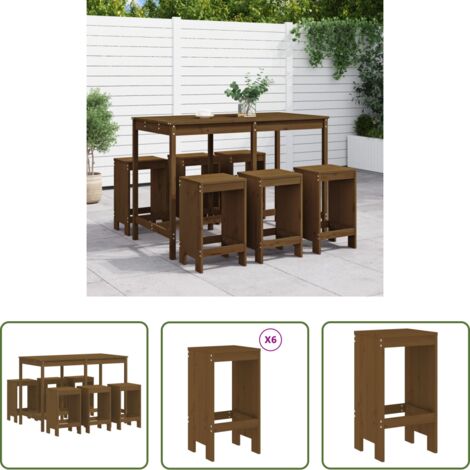Taburetes de jardín -  Mesa y taburetes altos de jardín 7 pzas madera pino marrón miel
