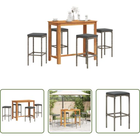 Taburetes de jardín -  Mesa y taburetes de jardín 5 pzas madera acacia ratán PE gris