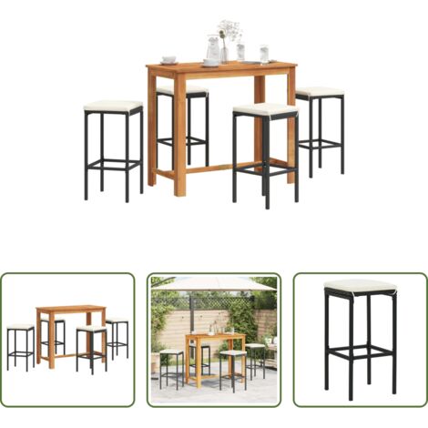 Taburetes de jardín -  Mesa y taburetes de jardín 5 pzas madera acacia ratán PE negro