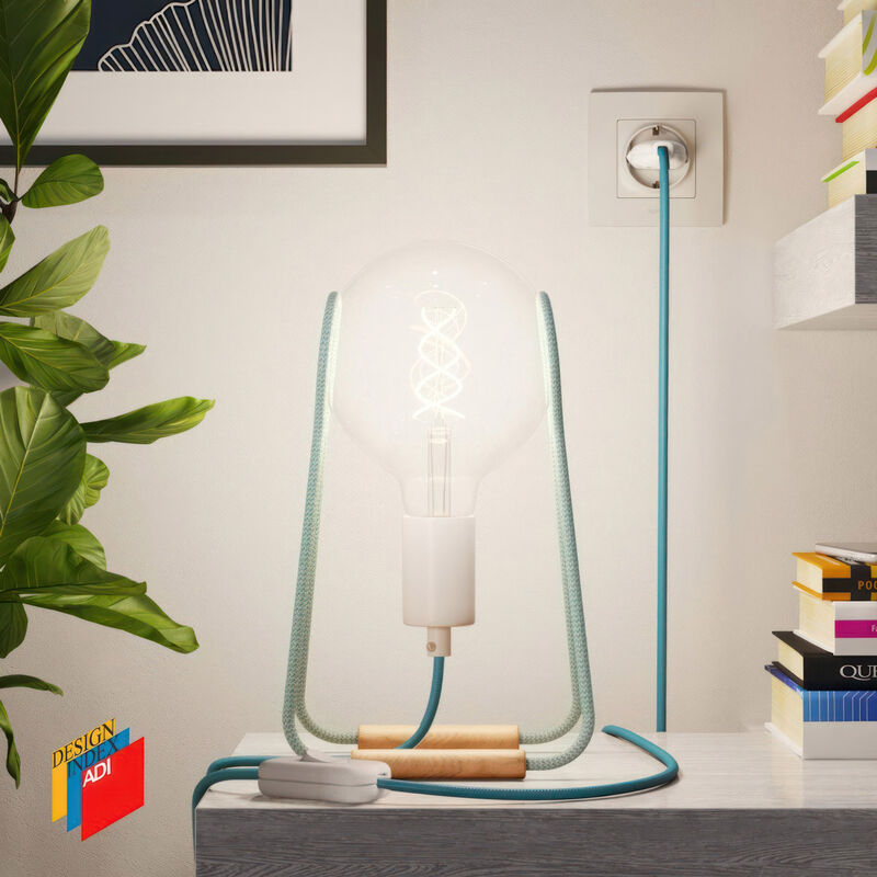 

Taché Metal, lámpara de mesa con cable textil, interruptor y clavija de 2 polos | Con bombilla - Blanco Azul con cable Turquesa - Blanco Azul con