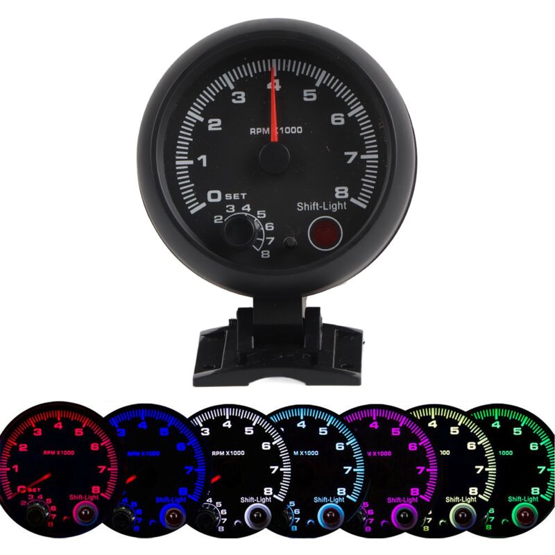 Start - Tachymètre de voiture 3,75 pouces 12 v 0-8000 tr/min avec indicateur de vitesse et voyant de changement de vitesse réglable