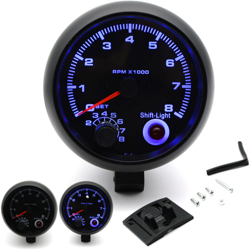 Tachymètre universel noir pour voiture de 3,75 pouces avec voyant de changement de vitesse blanc 0-8000 tr/min