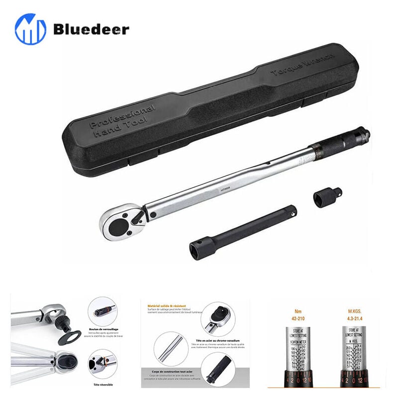 Clé dynamométrique professionnelle 1/2' (28-210N), barre d'extension de calibration 24T, réducteur de 3/8', boîte de certification pour réparateurs