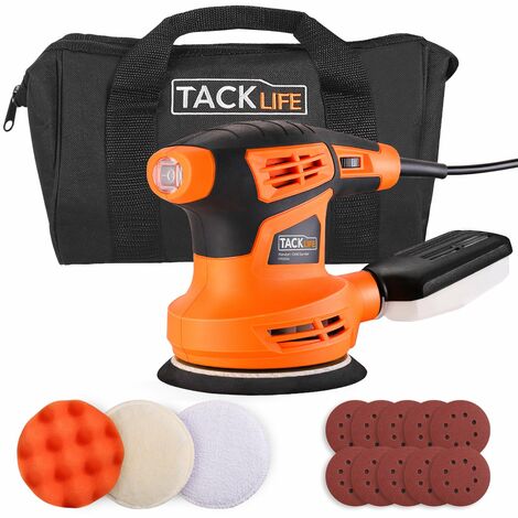 TACKLIFE Ponceuse Excentrique 280W, 6 vitesses (6,000-13,000rpm), 10 * 125mm disques abrasifs (80 grains) et 3 accessoires de polissage (tissu microfibre, éponge et laine) inclus, collecte de la poussière.-PRS02A