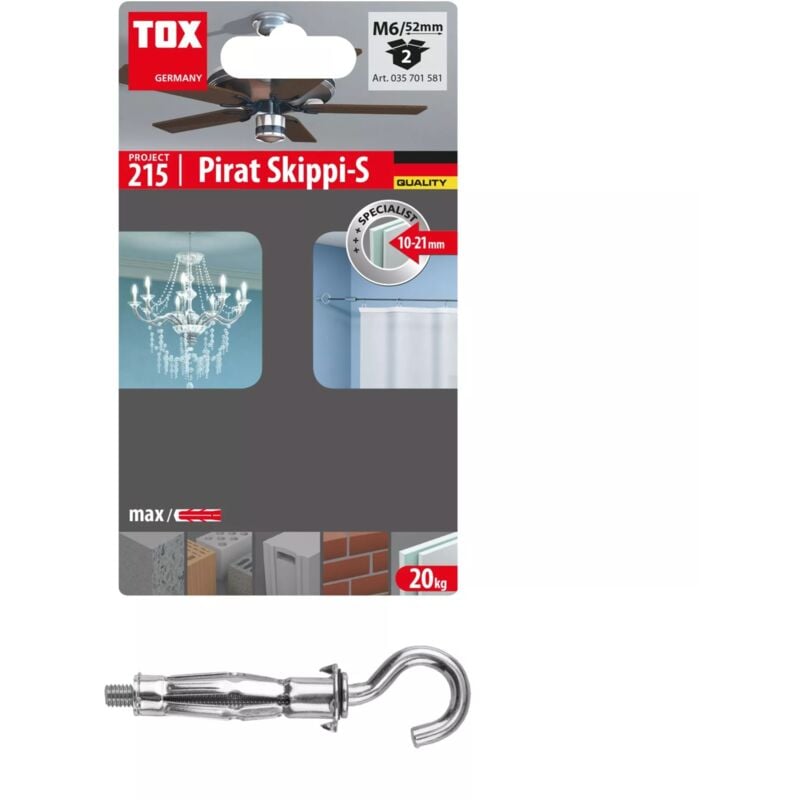 

TOX 035701521 - Blíster de 2 tacos metálicos para espacios huecos ACROBAT M5x52 S mm + gancho MHD-H-R