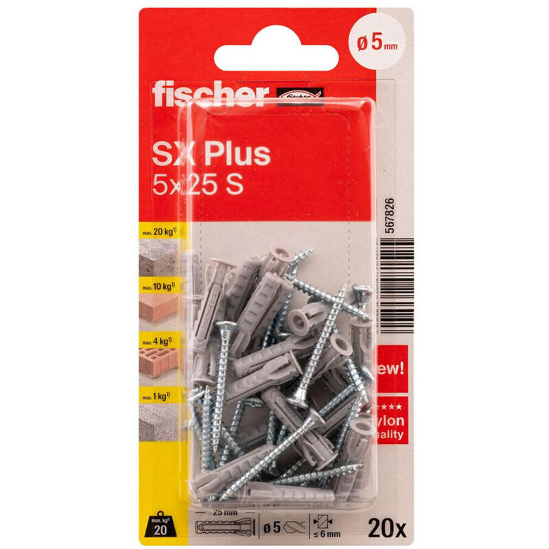 Taco Tornillo Nylon Metal 5x25mm 20Unid Fischer