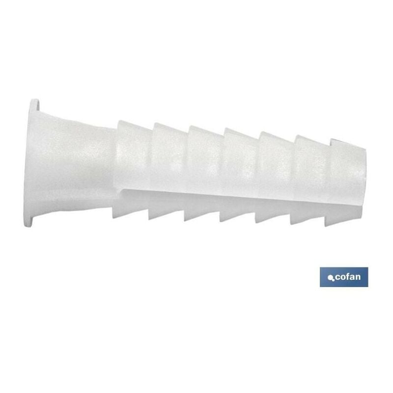 Cofan - taco plástico tipo blanco 12 mm caja 100 unid. , Taco de polietileno de baja densidad blanco estriado, en bolsitas de 100 unidades, ideal