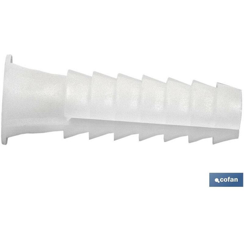 Taco de LDPE blanco estriado En bolsitas de 100 unidades Ideal para huecos y macizos Medidas desde Ø 5 hasta 12 mm