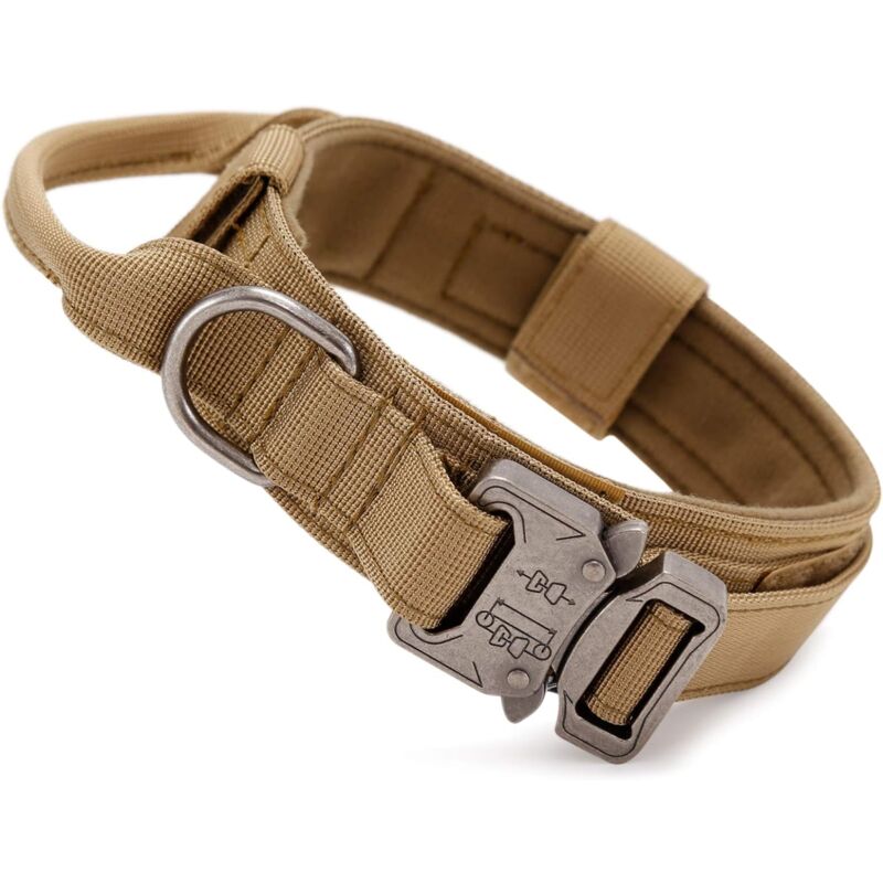 Tactical Dog Collar with Control Handle Nylon Military Adjustable Collar, Metal Buckle, Padded for Medium Dogs, Hunting/Outdoor Training (Brown-M)