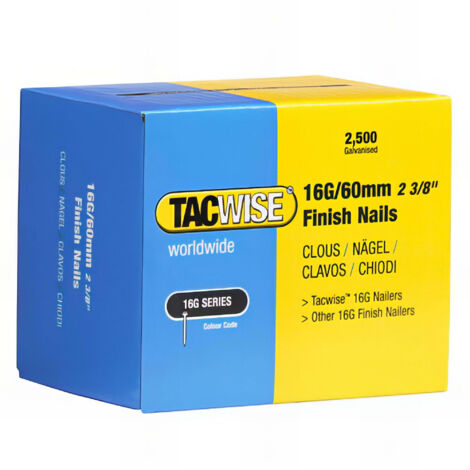 Tacwise – Boîte de 2500 clous de finition 16G L. 60 mm – Acier galvanisé pour cloueurs électriques – Force de maintien supérieure – Pour menuiserie professionnelle - TA-0300