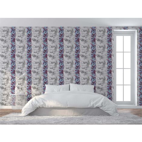 TADESSI Tapete Graffiti Lorenzo M1-No.296 Papiertapete Grau Blau Ausgefallene Tapete Urban Wohnzimmer Schlafzimmer Küche
