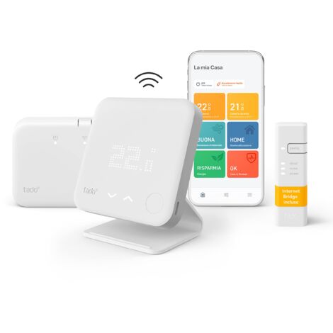 tado° Kit Base – Termostato Smart Wireless V3+ – Termostato wifi digitale per caldaia + Sensore di temperatura + Supporto – Cronotermostato – Gestione via app – Funzioni Smart Home Alexa e Siri