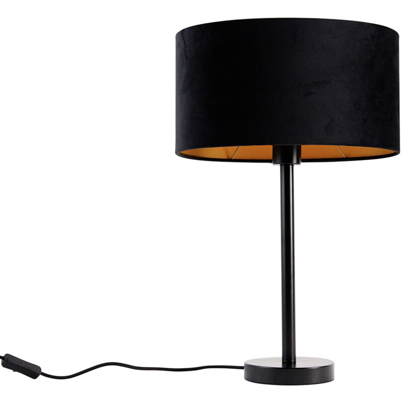 Qazqa Tischleuchte Schwarz Mit Ovalem Samt-schirm Schwarz 35cm - Simplo