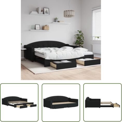 Tagbett mit Ausziehbett und Schubladen schwarz 100x200 cm Stoff