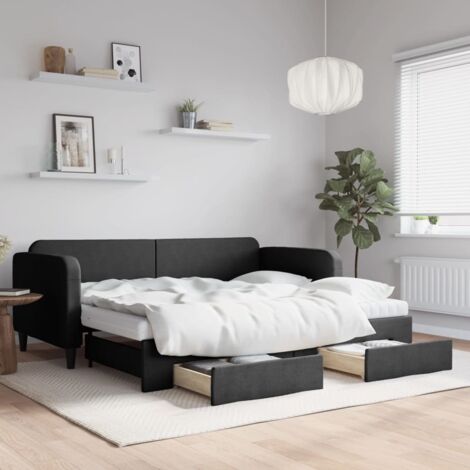 Tagbett mit Ausziehbett und Schubladen schwarz 90x200 cm Stoff