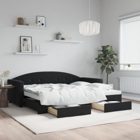 Tagbett mit Ausziehbett und Schubladen schwarz 90x200 cm Velours