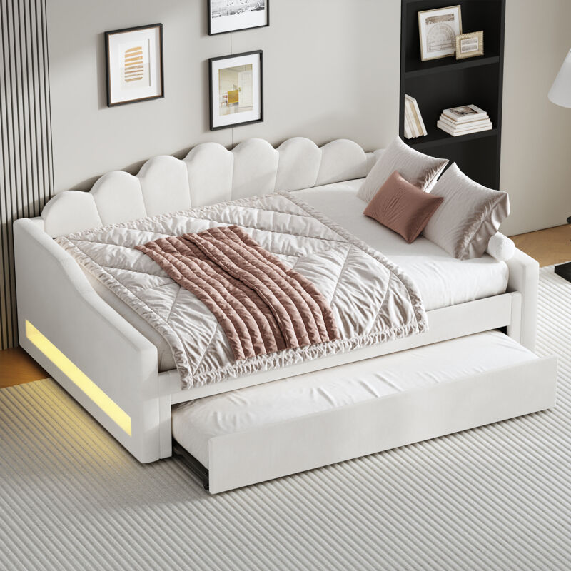 Modenvie Tagesbett 140×200 Cm, Doppelbett Mit Ausziehbett, Verstellbarer Led Und Gepolstertem Kopfteil, Ohne Matratze, Beige