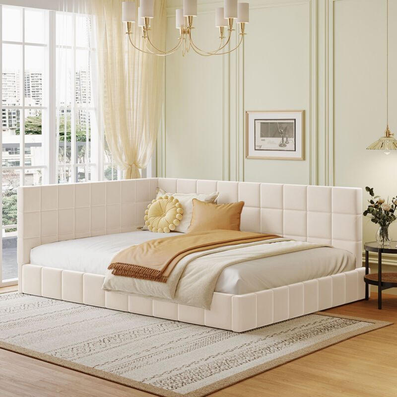Modenvie Tagesbett 140×200 Cm, Doppelbett Mit Wechselbare Rückenlehne Und Armlehne, Ohne Matratze, In Gepolstertem Stoff, Beige