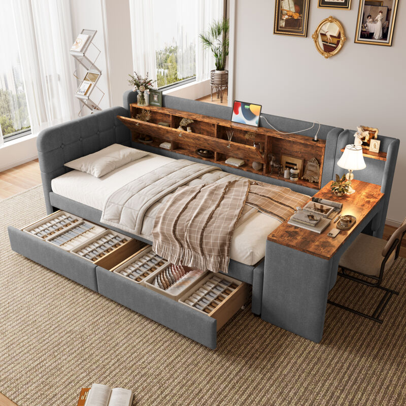Modenvie Tagesbett 90×200 Cm, Einzelbett Mit 2 Schubladen, Usb, Typ C, Schreibtisch Und Stauraumfach, Ohne Matratze, Grau