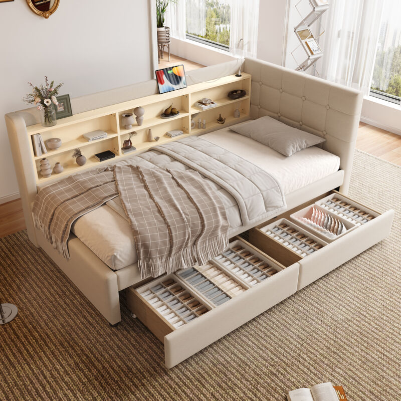 Modenvie Tagesbett 90×200 Cm, Einzelbett Mit 2 Schubladen, Usb, Typ C Und Ablagefächern, Ohne Matratze, Aus Leinen, Beige