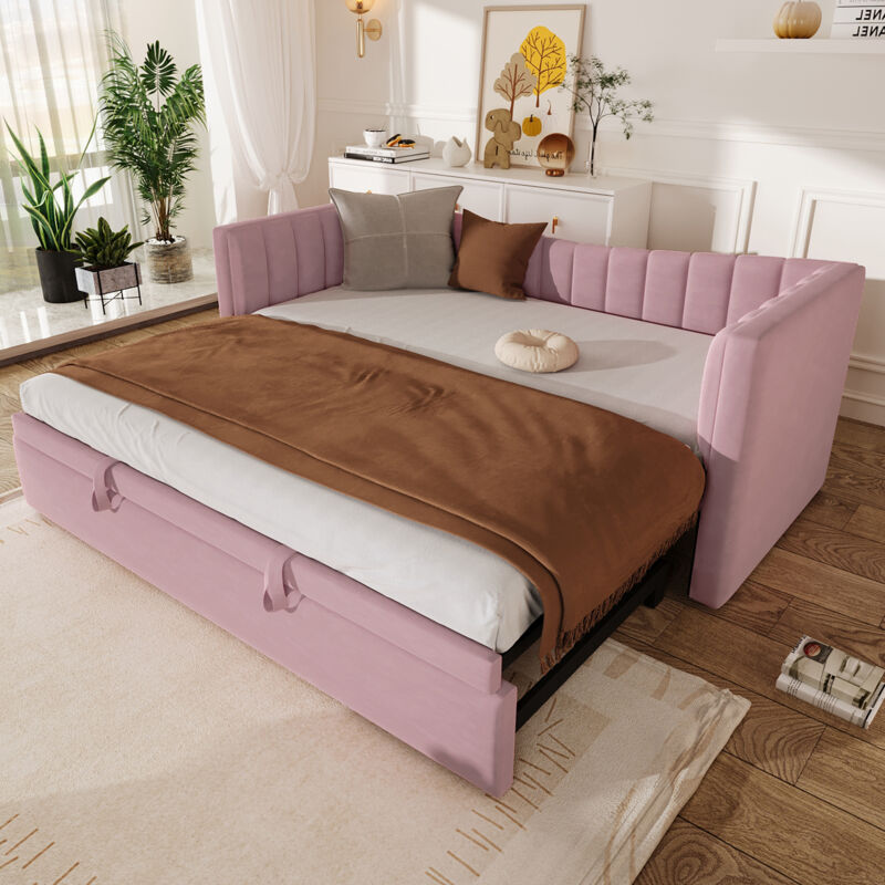 Modenvie Tagesbett 90×200 Cm, Einzelbett Mit Ausziehbett Erweiterbar 180×200 Cm, Ohne Matratze, Aus Samt, Rosa