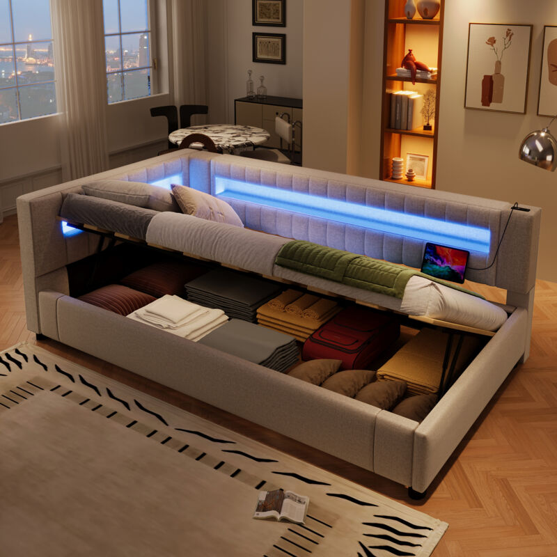 Modenvie Tagesbett 90×200 Cm, Einzelbett Mit Hydraulikbettkasten, Verstellbarer Led Und Usb Und Typ C, Ohne Matratze, Aus Leinen, Beige
