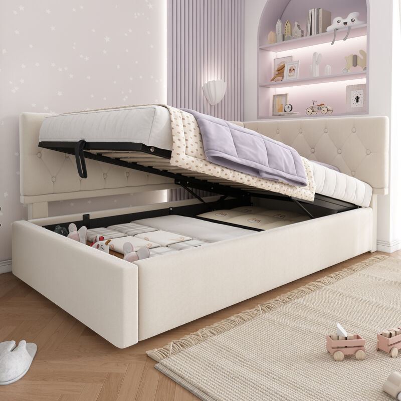 Modenvie Tagesbett 90×200 Cm, Einzelbett Mit Hydraulischem Bettkasten, Wendbarem Kopfteil Und Schutzgitter, Ohne Matratze, Samt, Beige