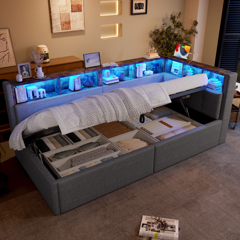 Modenvie Tagesbett 90×200 Cm, Einzelbett Mit Led Mehrfarbig, Usb, Typ C Und Bettkasten, Ohne Matratze, Aus Leinen Grau