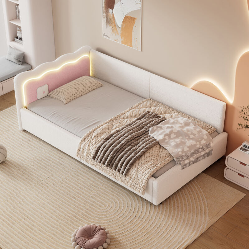 Modenvie Tagesbett 90×200 Cm, Einzelbett Mit Led Verstellbar, Kopfteil Colour-blocking, Ohne Matratze, Aus Samt, Weiß
