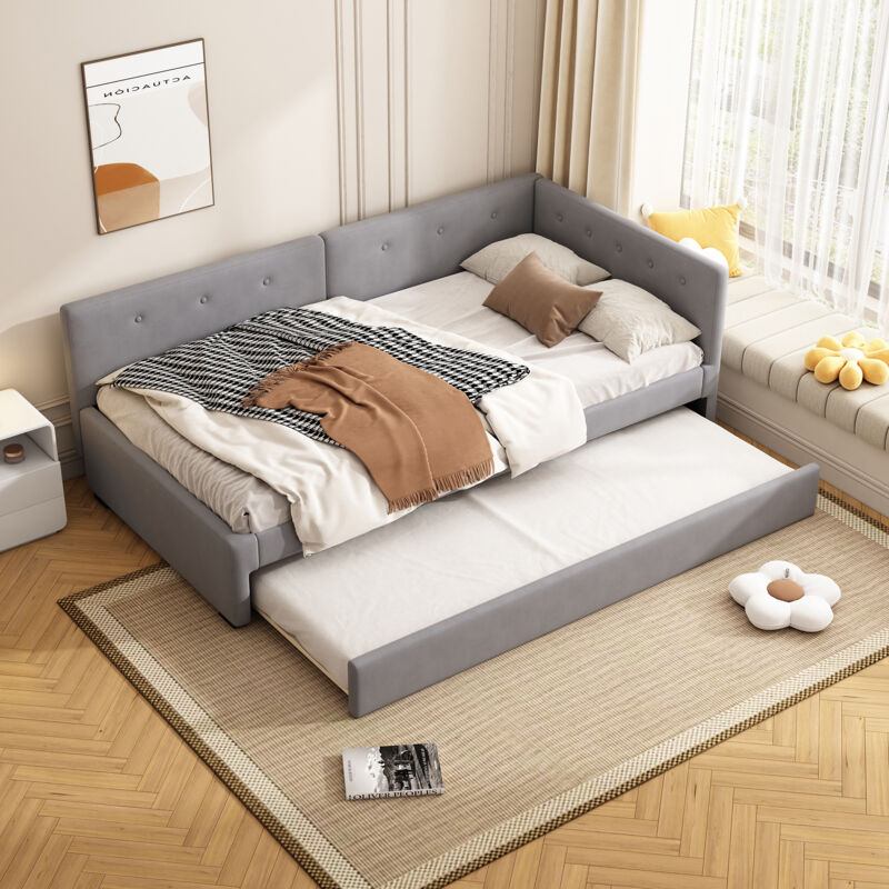 Modenvie Tagesbett 90×200 Cm, Einzelbett Mit Rollbett, Kopfteil Und 10 Latten, Ohne Matratze, Aus Samt, Grau
