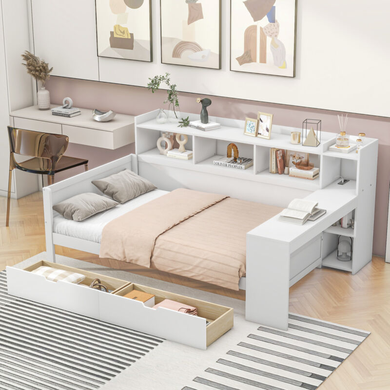Modenvie Tagesbett 90×200 Cm, Einzelbett Mit Steckdose, Usb, 2 Schubladen, Schreibtisch Und Ablagen, Ohne Matratze, Weiß