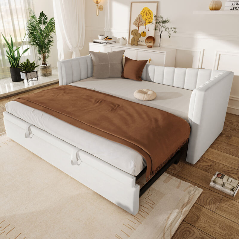 Modenvie Tagesbett 90×200 Cm, Einzelbett Mit Verstellbarem Ausziehbett Und Abnehmbarem Bezug, Ohne Matratze, Aus Samt, Weiß