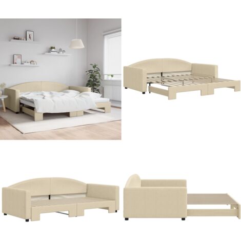 Tagesbett Ausziehbar Creme 100x200 cm Stoff - Sofa - Schlafcouch - Gästebett - Tagesbett - Ausziehbarer Schlafsitz - Home & Living