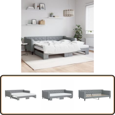 Tagesbett Ausziehbar mit Matratze Hellgrau 100x200 cm Stoff - Sofa Bett - Schlafcouch - Gästebett - Daybed - Klappbett
