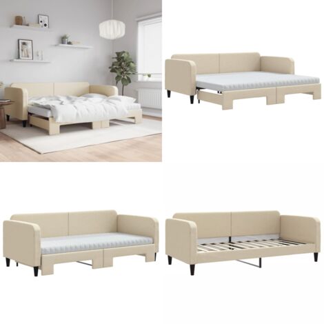 Tagesbett Ausziehbar mit Matratzen Creme 90x200 cm Stoff - Sofa - Schlafcouch - Gästebett - Tagesbett - Ausziehbarer Schlafsitz - Home & Living