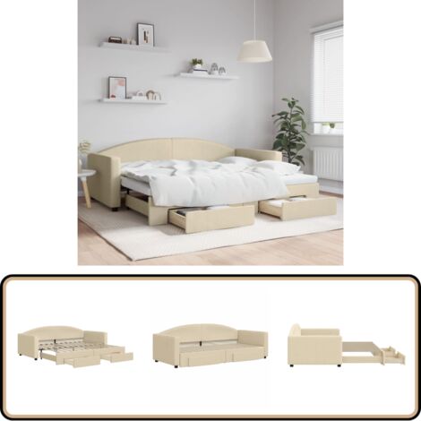 Tagesbett Ausziehbar mit Schubladen Creme 90x200 cm Stoff - Sofa Bett - Gästebett - Schlafsofa - Doppelbett - Tagesbett