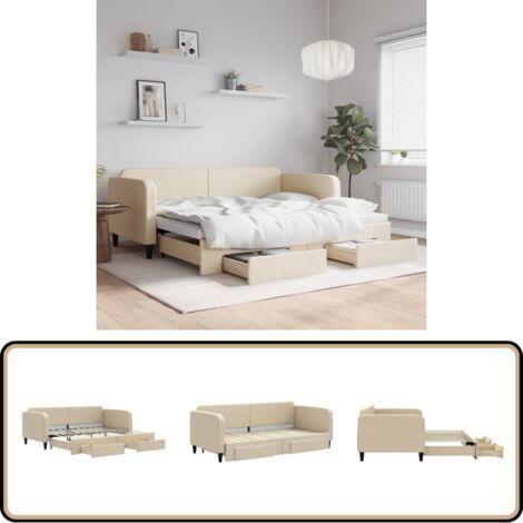 Tagesbett Ausziehbar mit Schubladen Creme 90x200 cm Stoff - Sofa - Schlafcouch - Gästebett - Tagesbett - Wohnzimmermöbel